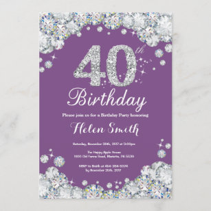 40th Birthday Invitation Purple and Silver Diamond