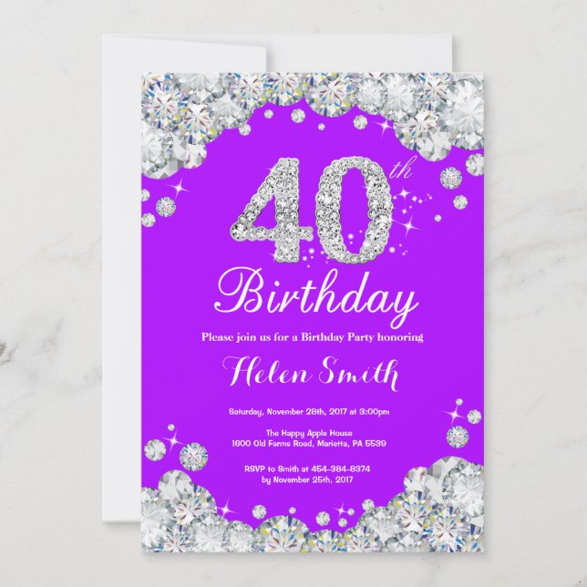 40th Birthday Invitation Purple and Silver Diamond (Front)