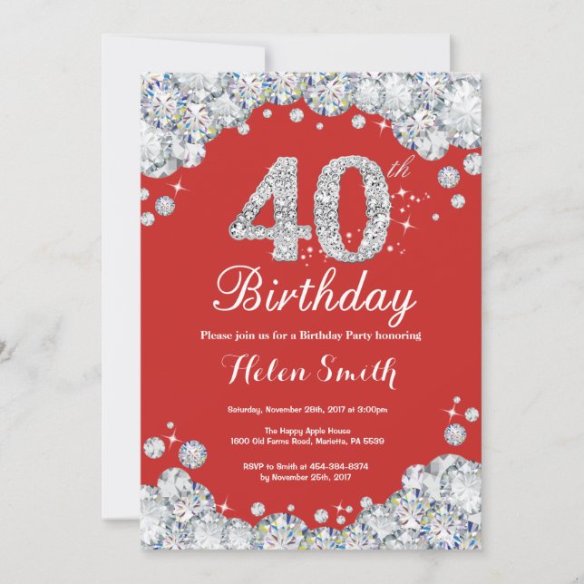 40th Birthday Invitation Red and Silver Diamond (Front)