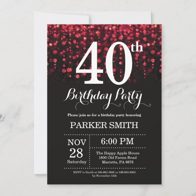 40th Birthday Invitation Red Glitter (Front)