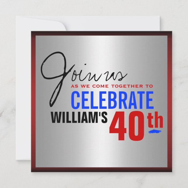 40th Birthday Invitation - Red Silver Blue (Front)