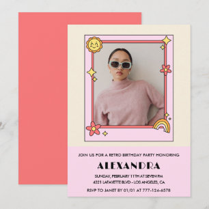 40th birthday invitation Retro Groovy Pink Flowers