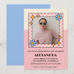 40th birthday invitation Retro Groovy Pink Flowers