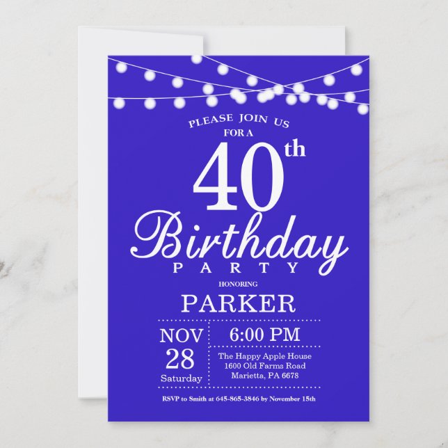 40th Birthday Invitation Royal Blue (Front)