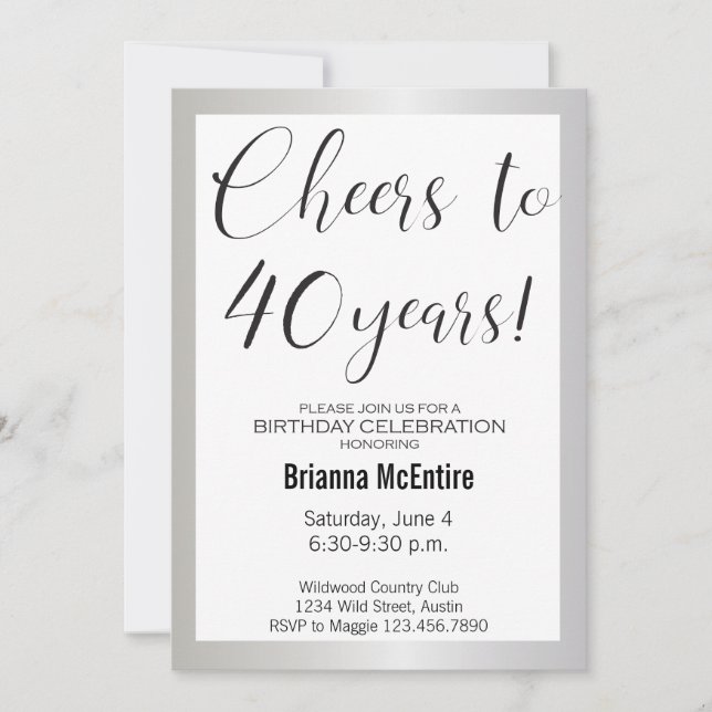40th Birthday Invitation Silver Black Modern  (Front)