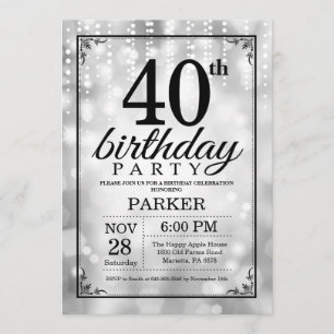 40th Birthday Invitation Silver Glitter