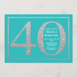 40th Birthday Invitation Teal and Silver Glitter