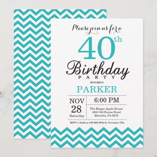 40th Birthday Invitation Teal Chevron (Front/Back)