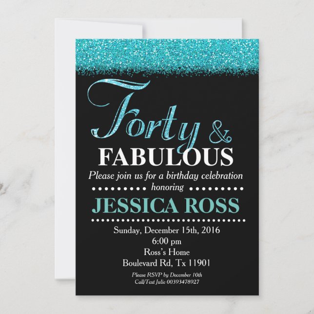 40th Birthday invitation turquoise glitter (Front)