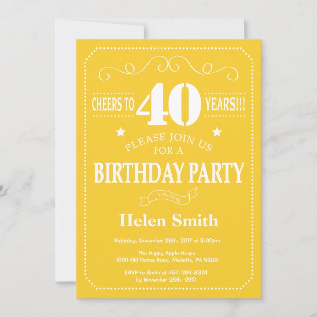 40th Birthday Invitation Yellow and White (Front)
