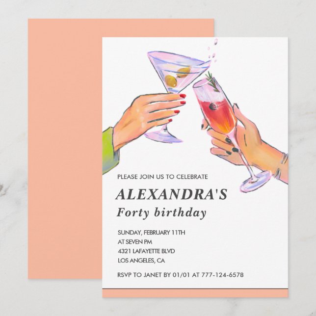 40th birthday invitations Cocktail Fun Party (Front/Back)