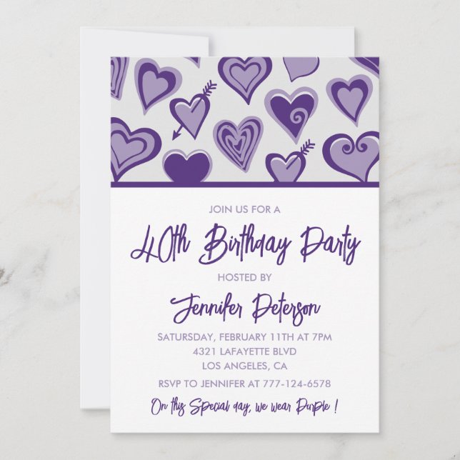 40th birthday invitations Cute Hearts Purple (Front)