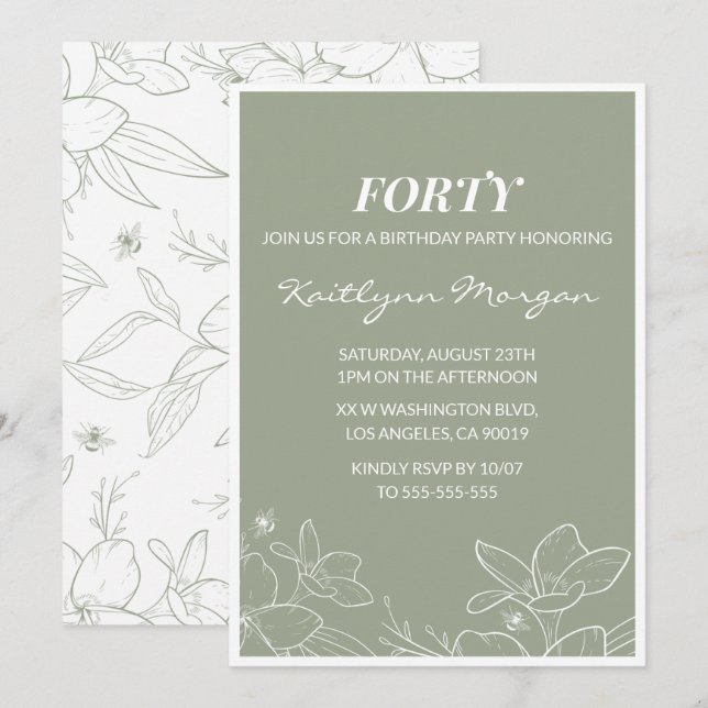 40th birthday invitations Elegant Floral (Front/Back)