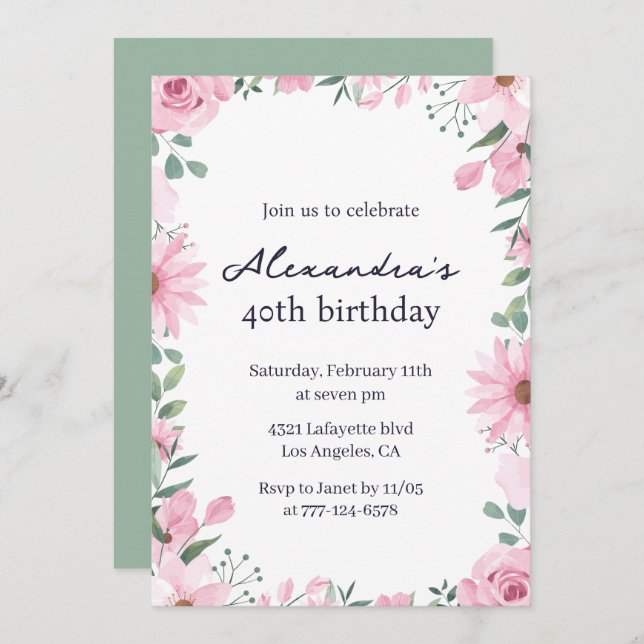 40th birthday invitations Floral Frame Pink Green (Front/Back)
