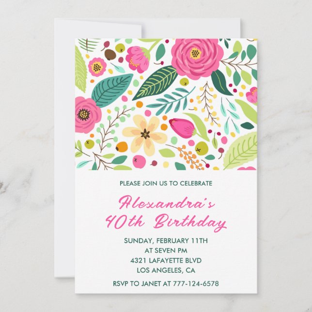 40th birthday invitations Flowers Simple Colourful (Front)
