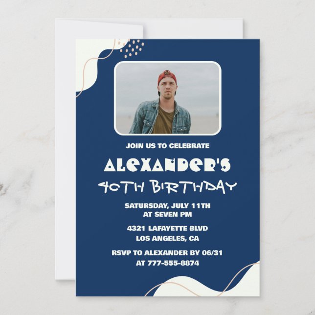 40th birthday invitations Men Photo Simple Blue  (Front)