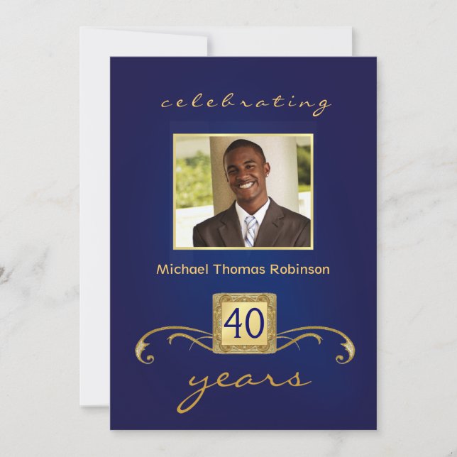 40th Birthday Invitations - Monogram Blue & Gold (Front)
