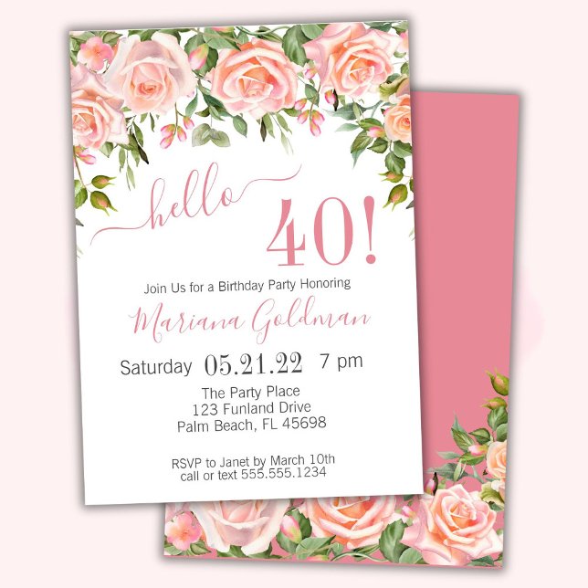 40th Birthday Invitations Pink Floral Modern Party (Creator Uploaded)