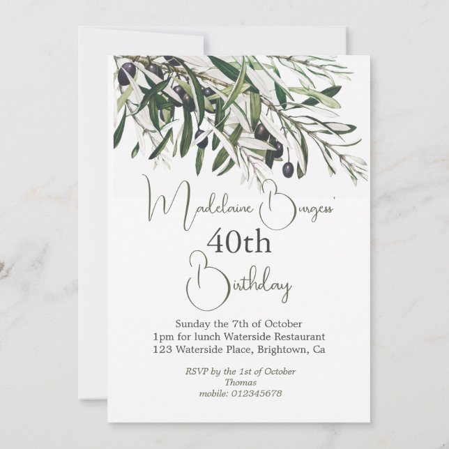 40th Birthday Italian Olive Branch Elegant  Invitation (Back)