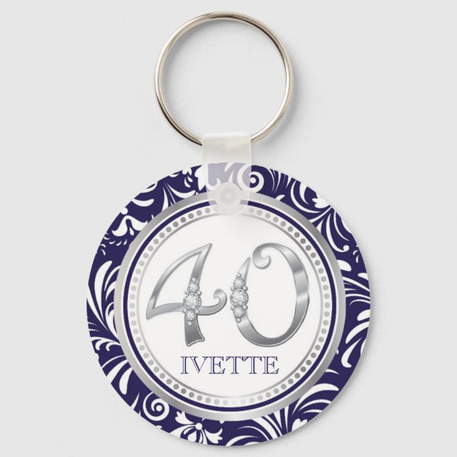 40th Birthday Key Chain-Navy Blue & Silver Key Ring (Front)