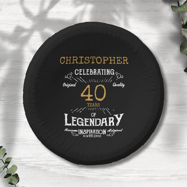 40th Birthday Legendary Black Gold Retro Paper Plate (For those celebrating their 40th birthday we have the ideal birthday party bowls)