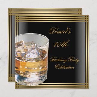 40th Birthday Mens Black Gold Cold Drinks Mans Invitation