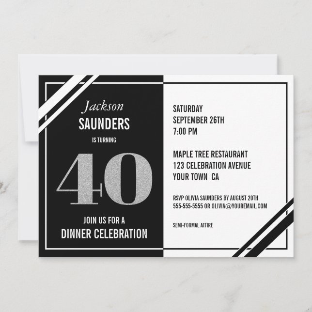 40th Birthday Modern Black and White Dinner Party Invitation (Front)