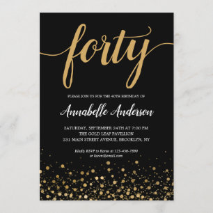 40th Birthday Modern Black Gold Confetti Script Invitation
