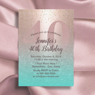 40th Birthday Modern Blush Rose Gold Aqua Teal Invitation