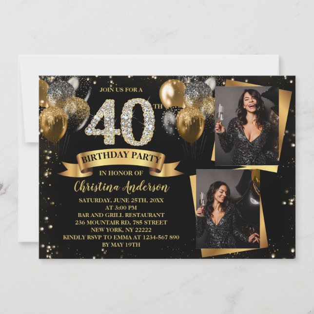 40th Birthday Modern Gold Glitter Balloons 2 Photo Invitation (Front)