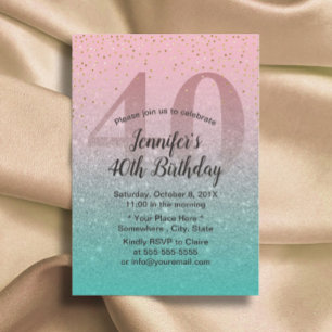 40th Birthday Modern Pink Turquoise Glitter Ombre Invitation