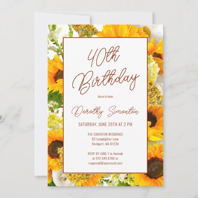 40th Birthday Modern Sunflower Floral Invitation (Front)