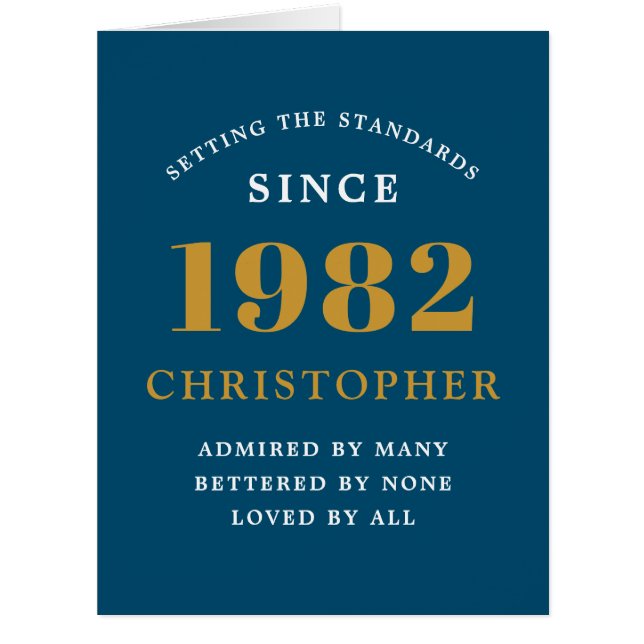 40th Birthday Name 1982 Blue Gold Elegant Card (Front)