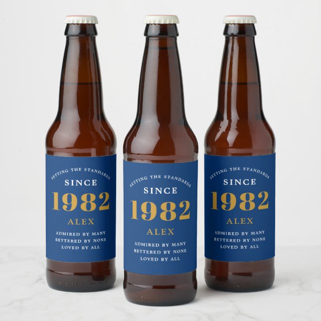 40th Birthday Name 1982 Blue Gold Elegant Chic Beer Bottle Label (Bottles)