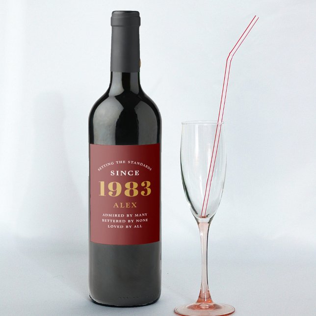 40th Birthday Name 1983 Red Gold Elegant Chic Wine Label (Creator Uploaded)