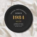 40th Birthday Name 1984 Black Gold Elegant Chic<br><div class="desc">Sophisticated 40th Birthday Unique Black & Gold Party Paper Plates. Celebrating a milestone birthday should be a memorable experience, and what better way to ensure that than with our sophisticated black and gold 40th Birthday Party Paper Plates? Designed in sleek black with an elegant gold highlight, these plates are printed...</div>
