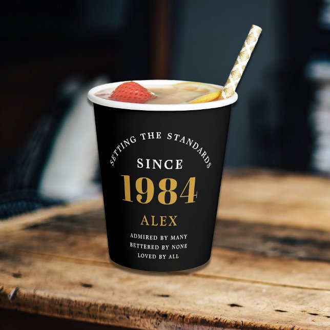 40th Birthday Name 1984 Black Gold Elegant Chic Paper Cups (Sophisticated 40th Birthday Unique Black & Gold Party Paper Cups. Fully personalized.)