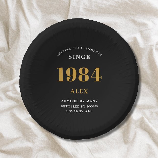 40th Birthday Name 1984 Black Gold Elegant Chic Paper Plate (1984 Setting The Standards Paper Bowls: 40th Birthday Customized Black Gold Elegant Chic Dining ware)
