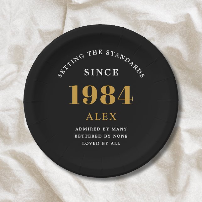 40th Birthday Name 1984 Black Gold Elegant Chic Paper Plate (Sophisticated 40th birthday unique black & gold paper plates. Fully personalized party supplies.)
