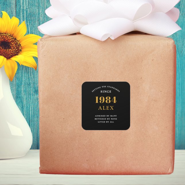 40th Birthday Name 1984 Black Gold Elegant Chic Square Sticker (40th Birthday 1984 Elegance: Exceptionally Chic Black and Gold Square Sticker)