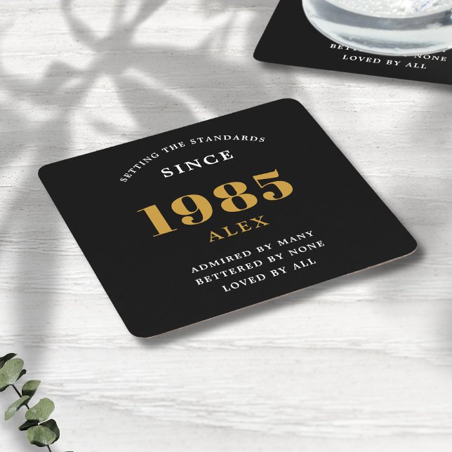40th Birthday Name 1985 Black Gold Elegant Chic Square Paper Coaster (Personalized 40th birthday paper coaster with name and year.)