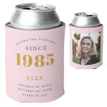 40th Birthday Name 1985 Chic Pink Grey Photo Can Cooler<br><div class="desc">A personalised elegant can cooler that is easy to customise for that special birthday party occasion.</div>
