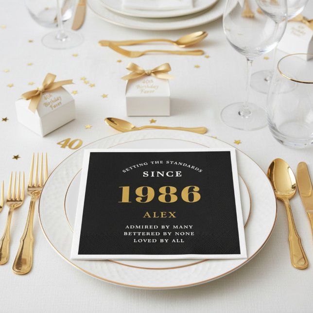 40th Birthday Name 1986 Black Gold Elegant Chic Napkin (1986 paper napkin on a plate.)