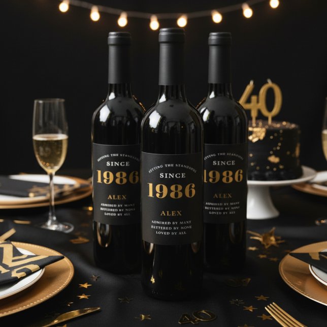 40th Birthday Name 1986 Black Gold Elegant Chic Wine Label (40th birthday wine bottle label)