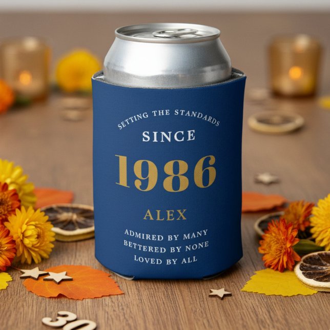 40th Birthday Name 1986 Blue Gold Elegant Chic Can Cooler (1986 blue can cooler on a table)