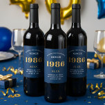 40th Birthday Name 1986 Blue Gold Elegant Chic Wine Label<br><div class="desc">1986 Vintage 40th Birthday Blue & Gold Elegant Wine Label. Celebrate your milestone with our exclusive 1986 Vintage 40th birthday wine label. The meticulously designed label with stunning blue and gold hues effortlessly enhances the visual appeal of your favourite wine. The year 1986, prominently featured on the label, adds a...</div>