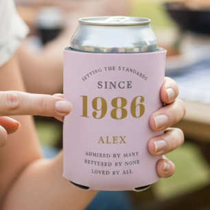 40th Birthday Name 1986 Pink Grey Elegant Chic Can Cooler
