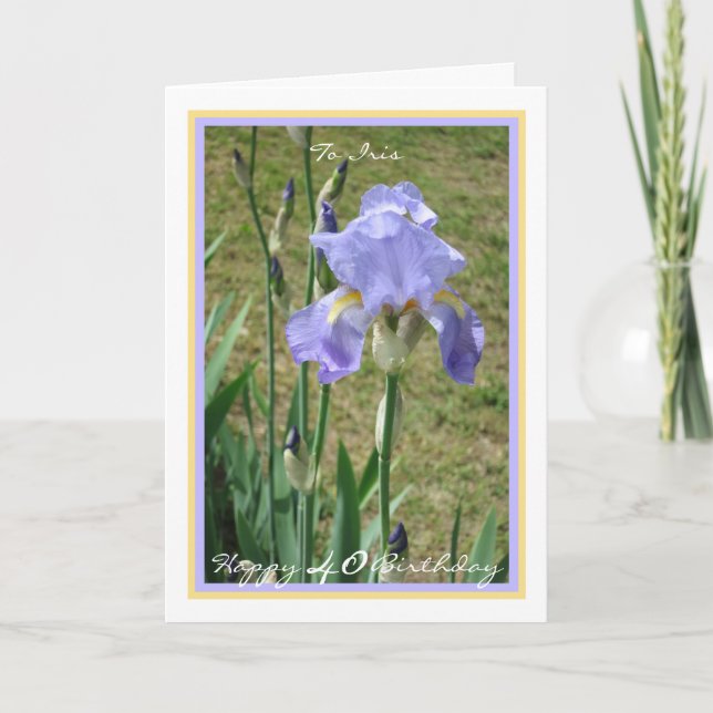40th Birthday Name Flower Iris Elegant Gold Frame Card (Front)