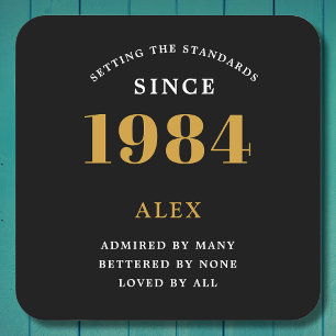 40th Birthday Name Year Black Gold Elegant Chic Square Paper Coaster