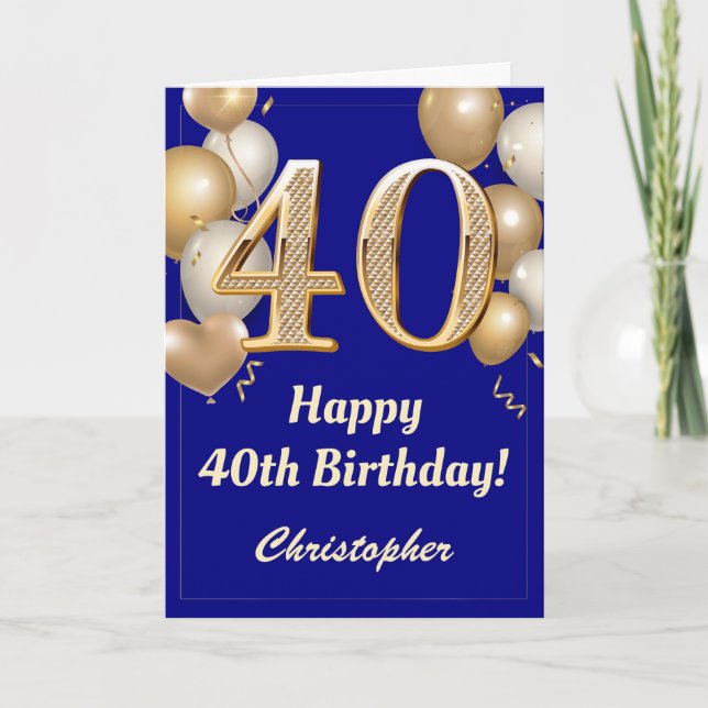 40th Birthday Navy Blue and Gold Balloons Confetti Card (Front)
